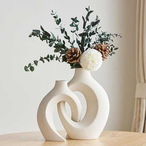 Vzmiza Hollow White Ceramic Vase Set of 2, Decorative Flower Vase for Pampas Grass, Nordic Modern Boho ins Style Donut Vase for Flowers, Home Living Room, Aesthetic Flower Vase for Farmhoue (White)