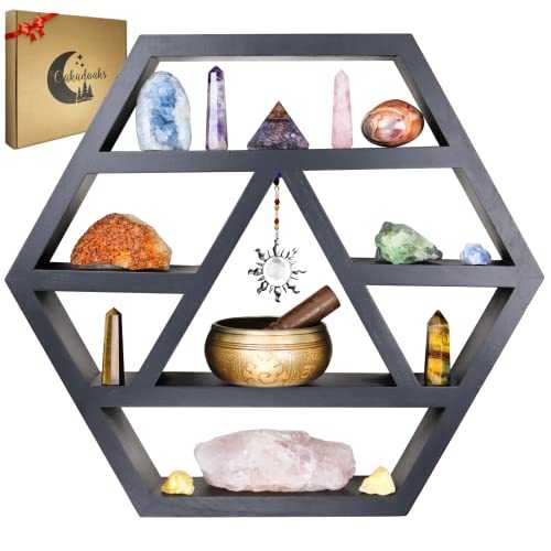 Hexagon Crystal Shelf Display - Large 21" Black Geometric Altar Shelf for Crystals - Table or Hanging Wood Hexagon Floating Shelves -Boho Crystal Display Shelf & Essential Oils - Spiritual Decor Gifts