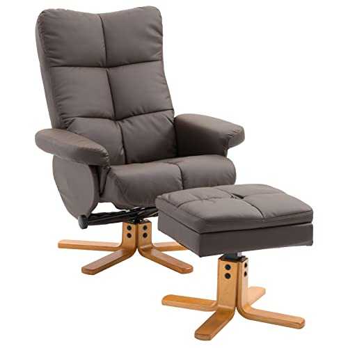 HOMCOM Adjustable Wooden Base PU Leather Recliner Swivel Chair and Ottoman Footrest with Storage (Brown)