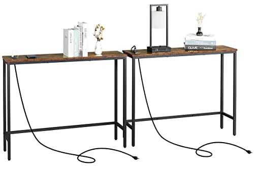 ELYKEN 2 Pack Console Sofa Table with Power Outlets for Entryway, 9.8" Dx39.4 Wx31 H Long Skinny Behind Couch Table with Metal Frame and 6.5’ Extension Cord for Hallway Foyer Entrance
