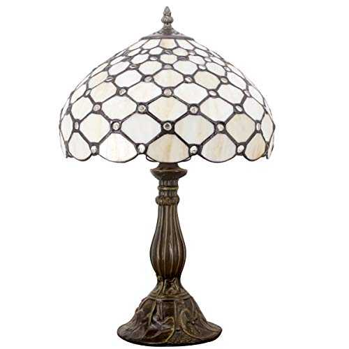 Tiffany Lamp Cream Stained Glass and Crystal Pearl Bead Style Table Lamps Height 18 Inch For Kids Room Living Room Bedroom Antique Desk Dresser Beside Coffee Table Bookcase S005
