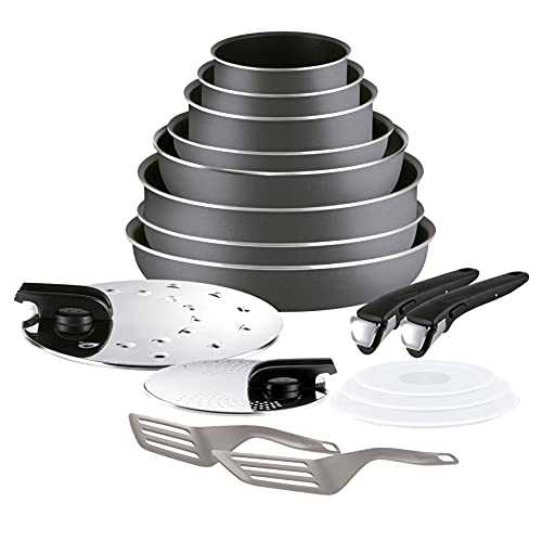 Tefal Ingenio 5 l2049002 Essential Set of 17 Charcoal All Heat Sources Except Induction: 3 Saucepans + 3 Frying Pans + Wok + 1 Frying Pan 2 Handles + 7 Accessories