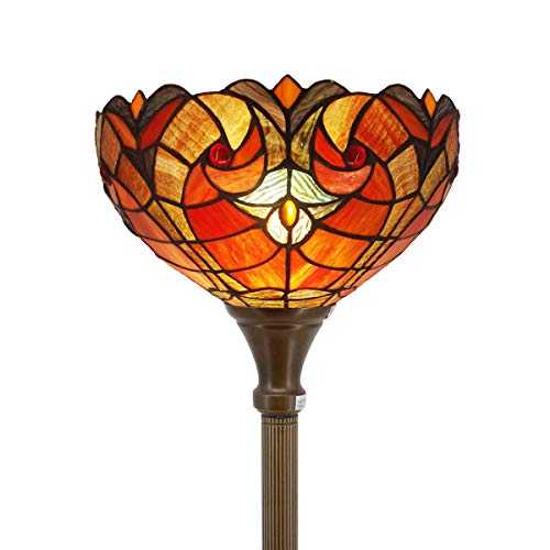 Tiffany Floor Torchiere Lamp 66" Tall Industrial Bronze Pole Vintage Boho Stained Glass Red Liaison Retro Rustic Standing Uplight Corner Bright Torch Light Living Room Kids Bedroom Office WERFACTORY