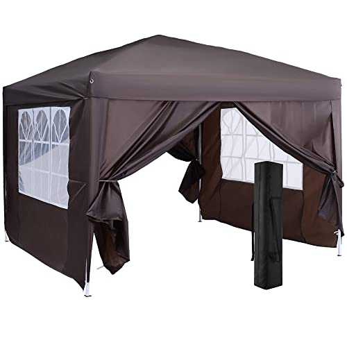 Outsunny 3 x 3 Meters Pop Up Water Resistant Gazebo Wedding Camping Party Tent Canopy Marquee - Coffee + Free Carry Bag + 2 walls 2 windows