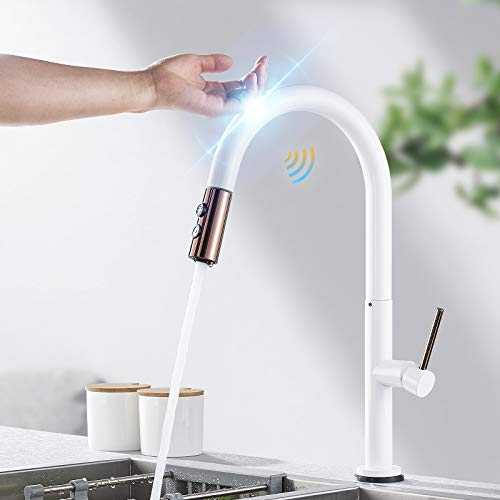 JUNSHENG Touch Kitchen Tap Smart Sensor Control Kitchen Sink Tap with Pull Out Sprayer High Arc Single Handle 360°Swivel Spout Hot and Cold Water Kitchen Sink Mixer Tap Brass White…