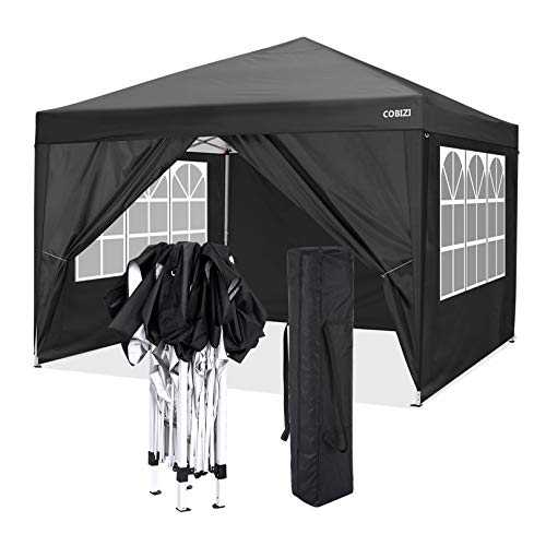 COBIZI Pop Up Gazebo 3x3m Folding Garden Canopy Heavy Duty with 4 Side Panels, Top Cloth PVC Coating Waterproof & Sun Protection Portable Gazebo Party Tent Commercial Tents with Carry Bag (Black)