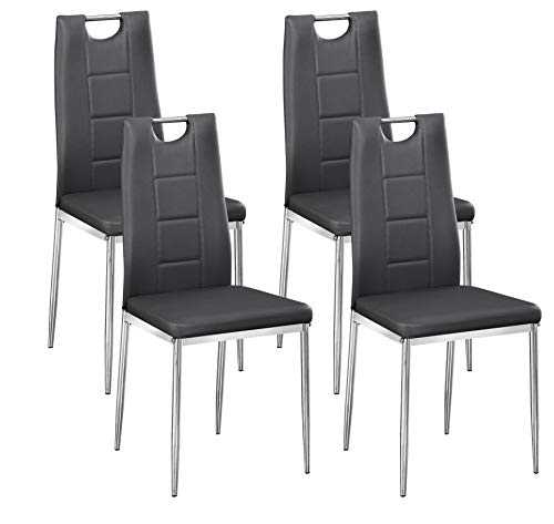 TMEE Set of 4 Faux Leather Dining Chairs with Unique Handle+Chorme Metal Legs,Modern Stylish High Back Chairs for Dining Room,Meeting Room (4 chairs-Grey)