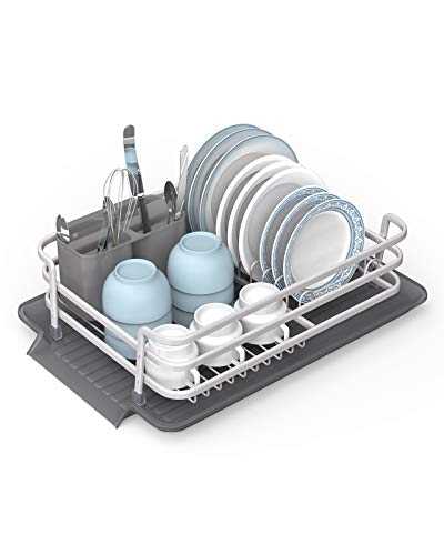 X Home Dish Drainer Rack, Aluminum Alloys Rust-Proof Kitchen Drainers for Dishes, Space-Saving Sink Drainer with Drip Tray and Detachable Utensil Holder, Compact Dish Drying Rack