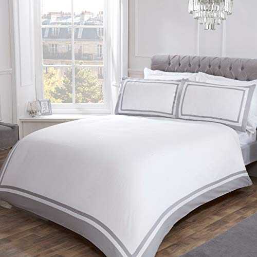 Sleepdown Hotel Quality Grey Contrast Border Plain White Luxury Soft Duvet Cover Quilt Bedding Set with Pillowcases 100% Cotton Sateen 300 Thread Count - Double (200cm x 200cm)
