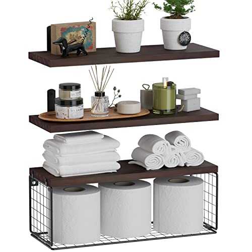 WOPITUES Floating Shelves Wall Mounted, Rustic Wood Bathroom Shelves Over Toilet with Paper Storage Basket, Farmhouse Floating Shelf for Wall Decor, Bedroom, Living Room, Kitchen–Carbonized Brown