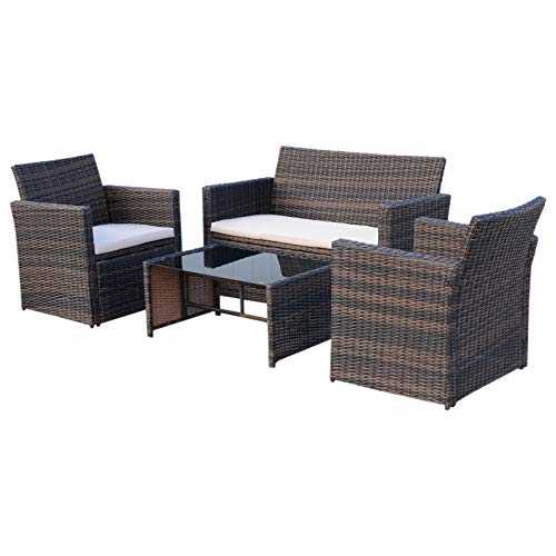 Outsunny 4 pcs Rattan Garden Sofa Set Outdoor Patio Wicker Weave 2-seater Bench Chairs & Coffee Table Conservatory Furniture - Brown