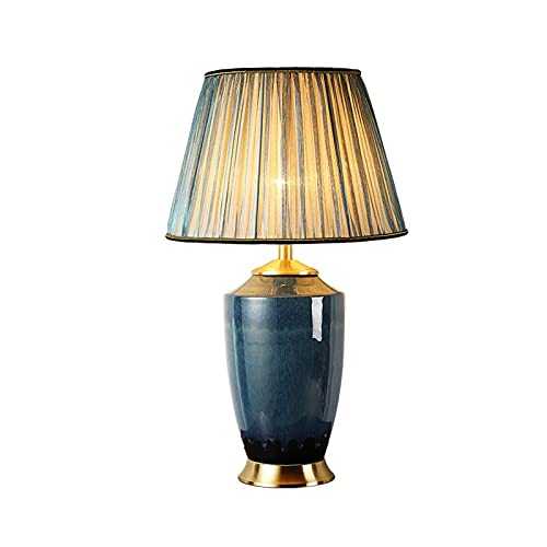 Bedside Lamp for Bedroom Blue Table Lamps Ceramics Nightstand Table Lamps with Fabric Lampshade and Copper Base Modern Nightstand Lamps for Home Office Cafe Restaurant Nightlight Table Lamps for Livin