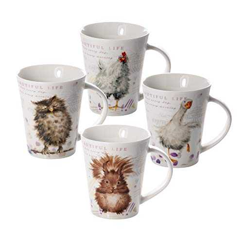 Porcelain Mugs Sets of 4 Coffee Cups for Tea Coffee and Hot Drinks with Animal Design Owl Squirrel Chicken and Goose, Mug Gift for Women and Men