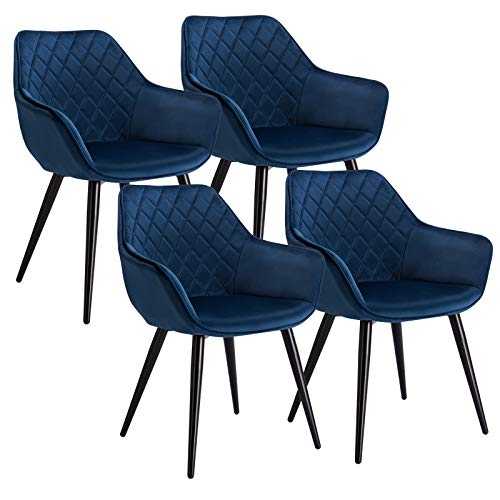 WOLTU Set of 4 x Dining Chairs Blue Kitchen Side Dining Chairs Upholstered Velvet Seat for Counter Lounge Living Room Corner Accent Chairs with Arms & Back Support Metal Legs Reception Chairs