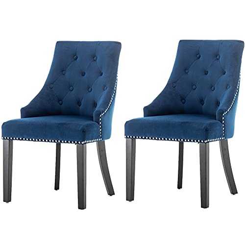 Dining Chair Set of 2 Kitchen Counter Chair Leisure Living Room Arm Chair Velvet Lounge Reception Sofa Chair with Tufted Backrest & Padded Seat (Blue Wood)