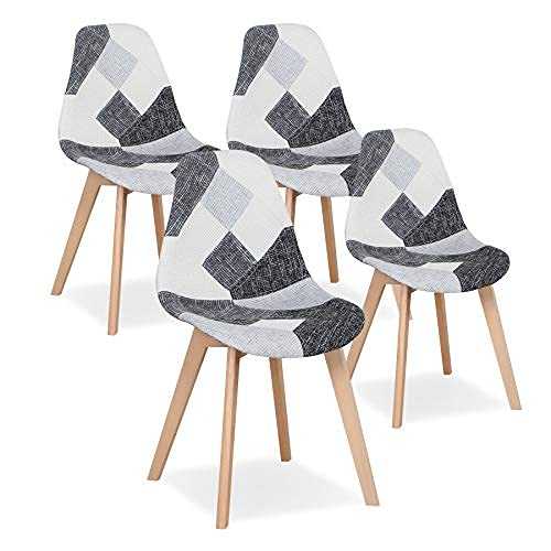 GrandCA HOME Dining Chairs Set of 4, Scandinavian Style Patchwork Dining Chairs, Fabric Chair with Solid Wood Legs for Dining Room Living Room Restaurant (Gray)