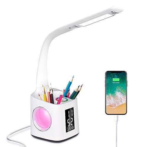 Donewin LED Desk Lamp with USB Charging Port&Pen Holder, Study Light with Clock&Calendar, Study Lamp for Kids/Girls/Boys, Eye-Caring Desk Light for Office/Work/Reading, Colorful Night Light,10W