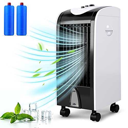 TANGZON 4L Evaporative Air Cooler, 3 Wind Speeds Mobile Air Conditioning Fan with 2 Boxes of Ice Crystals, Portable Air Conditioner for Office Home