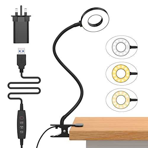 iZELL LED Desk Lamp with USB Adapter【3 Color Modes 10 Brightness】Eye Caring Clip on Clamp Light, 40cm Flexible Gooseneck Book Ring Light for Gaming/Video Conference/Reading, Clip on Table, Headboard