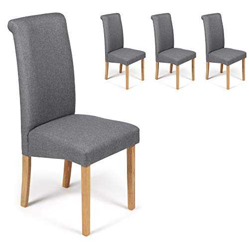 4 Dining Chairs Grey Marl Fabric Roma Scroll Roll Top With Padded Seat & Oak Finish Legs