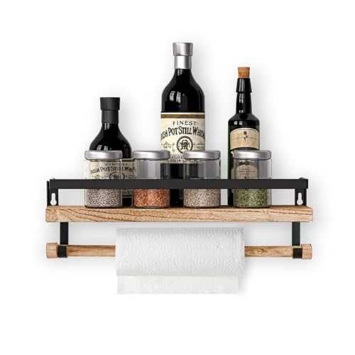 Halter Wall Mounted Floating Shelf with Rail and Wooden Towel Rod, Natural
