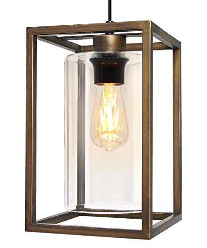 Antique Brass Lantern Ceiling Pendant Light Rectangular Frame with Clear Glass Shade Heritage Vintage M0155F