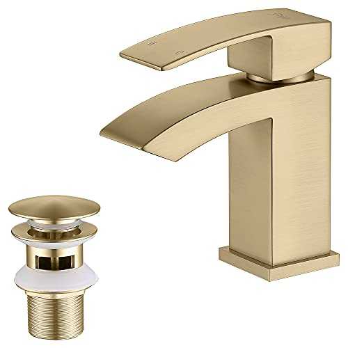 Friota Basin Taps with Pop Up Waste, Brushed Gold Brass Single Lever Waterfall Bathroom Sink Taps for Bathroom Single Hole with UK Standard Hose