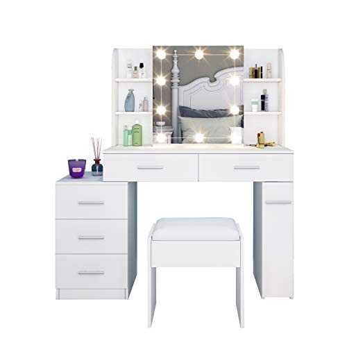 UNDRANDED Dressing Table with Sliding Mirror and Stool Makeup Desk Cosmetic Table with 5 Drawers Light Bulbs Set for Bedroom - White