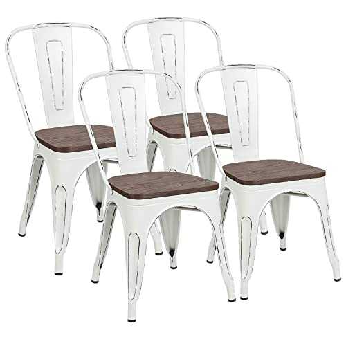 Metal Dining Chairs with Wood Seat, Distressing Tolix Style Indoor-Outdoor Stackable Industrial Chair with Back Set of 4 for Kitchen, Dining Room, Bistro and Cafe (White)