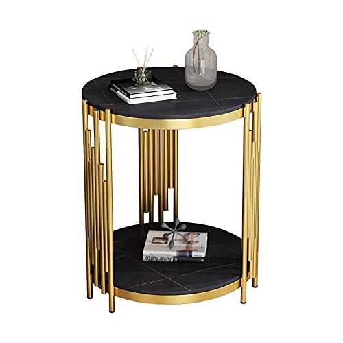 CAIMEI Furniture Round Side Table,with 2-Layer Round Coffee Table,Snack Table for Outdoor or Indoor Use,Metal Slate Coffee Table (Golden Black) Side Table