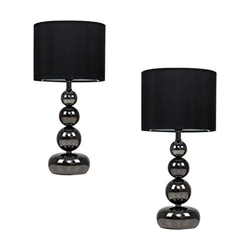 Pair of - Black Chrome Stacked Balls Touch Table Lamps with Black Faux Silk Shades