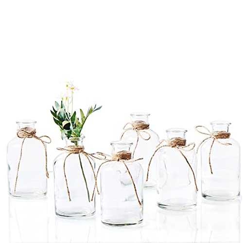 VILAWELER Glass Bud Vases, Clear Bud Vases Set of 6, Mini Clear Vase with Rope Design for Flower, Small Mouth Flower Vases for Home Decoration Wedding Centerpiece, Holiday Party Table Flower Decor