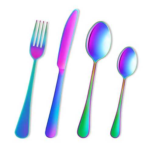 24-Piece Cutlery Set for 6, Colorful Knife and Fork Tableware Set, 18/0 Stainless Steel Rainbow Flatware Set, Elegant Silverware Cutlery Sets for Family Daily Use