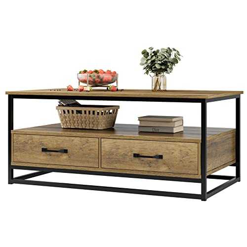 HOCSOK Coffee Table, Centre Table with Storage Drawers and Metal Frame, industrial Living Room Table, Rustic Brown and Black