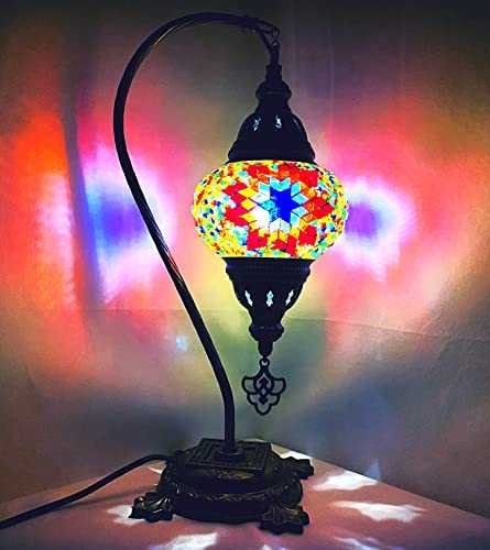 Antique Brass Metal Base Turkish & Moroccan Mosaic & Tiffany Style SWAN Neck Table Lamp Comes with Free Energy Saving LED Bulb