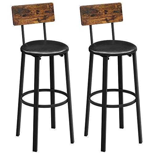 VASAGLE Bar Stools, Set of 2 PU Upholstered Breakfast Stools, 75.4 cm Tall Seat, Footrest, Simple Assembly, Industrial, for Dining Room Kitchen Counter Bar, Rustic Brown and Black LBC069B88