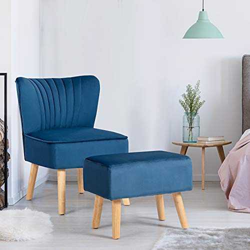 COSTWAY Velvet Accent Chair with Footstool, Armless Tub Side Dining Chair, Fabric Upholstered Occasional Wing Back Leisure Chair for Living Room, Dressing, Lounge and Office (Blue)