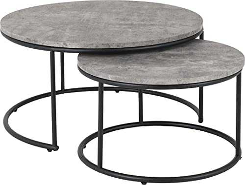 Seconique Athens Industrial Style Round Coffee Table Set - Concrete Effect/Black Diameter 77cm x H 40cm 300-301-054