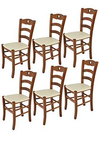 t m c s Tommychairs - Set of 6 chairs CUORE suitable for kitchen and dining room, structure in beechwood painted colour nut and an upholstered seat covered in artificial leather colour ivory