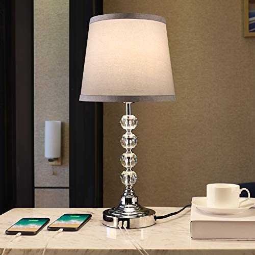 USB Table Lamp, Crystal Table Lamp Touch Control 3 Way Dimmable Nightstand Lamp with 2 USB Charging Ports, Modern Bedside Lamp with Gray Fabric Shade for Bedroom lamps, Living Room, Study Room, Office