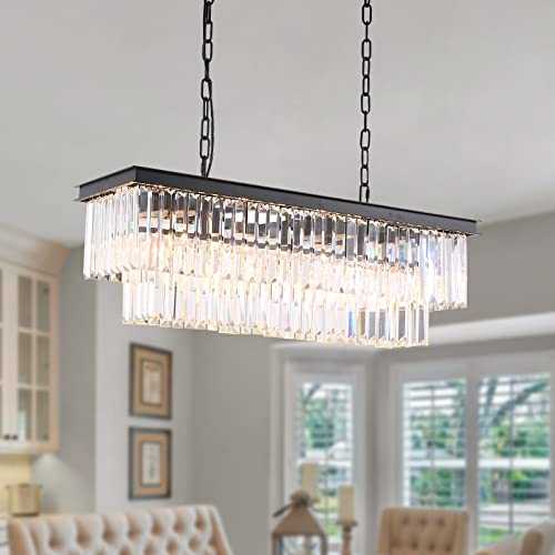 SILJOY Black Rectangle Chandeliers Ceiling Light for Dining Room, Dimmable Pendant Lights Fixtures with Crystal for Living Room Bedroom Modern Lighting for Kitchen Island (6 Lights, Length 31.5")