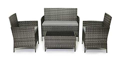 EVRE Rattan Garden Furniture Set Patio Conservatory Indoor Outdoor 4 piece set table chair sofa (Grey)