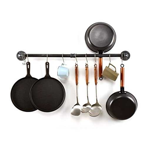 LINKPIPES Pipe Pot Pan Rack Wall Mounted Industrial Utensil Lid Holder Cookware Hanger Kitchen Organizer Hanging Bar Rail with S Hooks(36 inch,Black Gray)