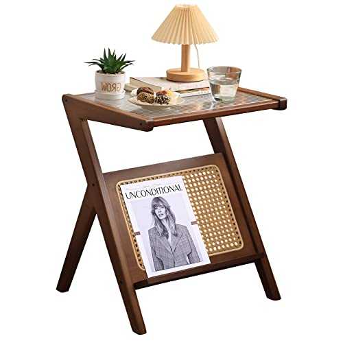 ZASTION Tiita Rattan Nightstand Side Table, Bamboo Accent Bedside Tables, Glass Coffee Tables, Boho Wooden End Table with Storage for Small Space, Living Room and Bedroom