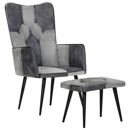 Armchair with Footstool Grey Genuine Leather and Canvas