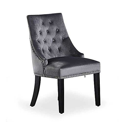 P&N Homewares - Windsor Chair - Grey | Tufted Velvet Fabric | Door Knocker | Studded | Dining Chair | Upholstered Accent Side Chair | FREE NEXT DAY DELIVERY |