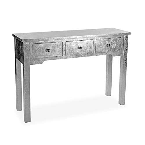 Versa Ward Narrow Cabinet for Entrance or Hallway, Console Table, with 3 Drawers, Dimensions (W x L x H) 75 x 34.5 x 110 cm, Wood, Acacia, Metallic Silver, 75 x 34,5 x 110 cm