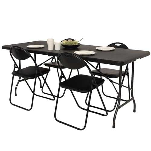 NOVECRAFTO Set of Black 6 ft (180cm long) Folding Trestle Table and 4 Foldable Chairs - Lightweight and Portable - Ideal For Life Situations When Extra Seating is Required