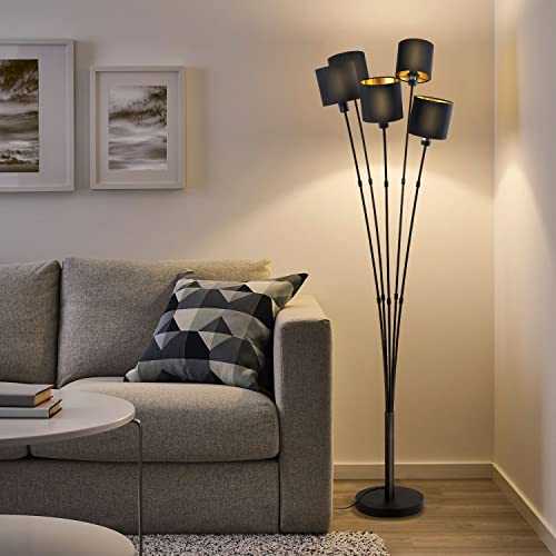 Floor lamp in Metal and Black & Gold Textile ,Vintage Light with 5 swivelling Lamps,Contemporary and Minimalist Floor Standing lamp for Indoor Bedroom Living Room Home Lighting Decor