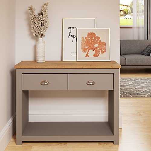 Timber Art Design UK Lisbon Console Hall Way Table with 2 Drawers Rustic Retro Style Hallway Living Room, Bedroom, Office, Home Furniture Wood Effect Worktop, Light Grey, H75cm x W100cm x D35cm